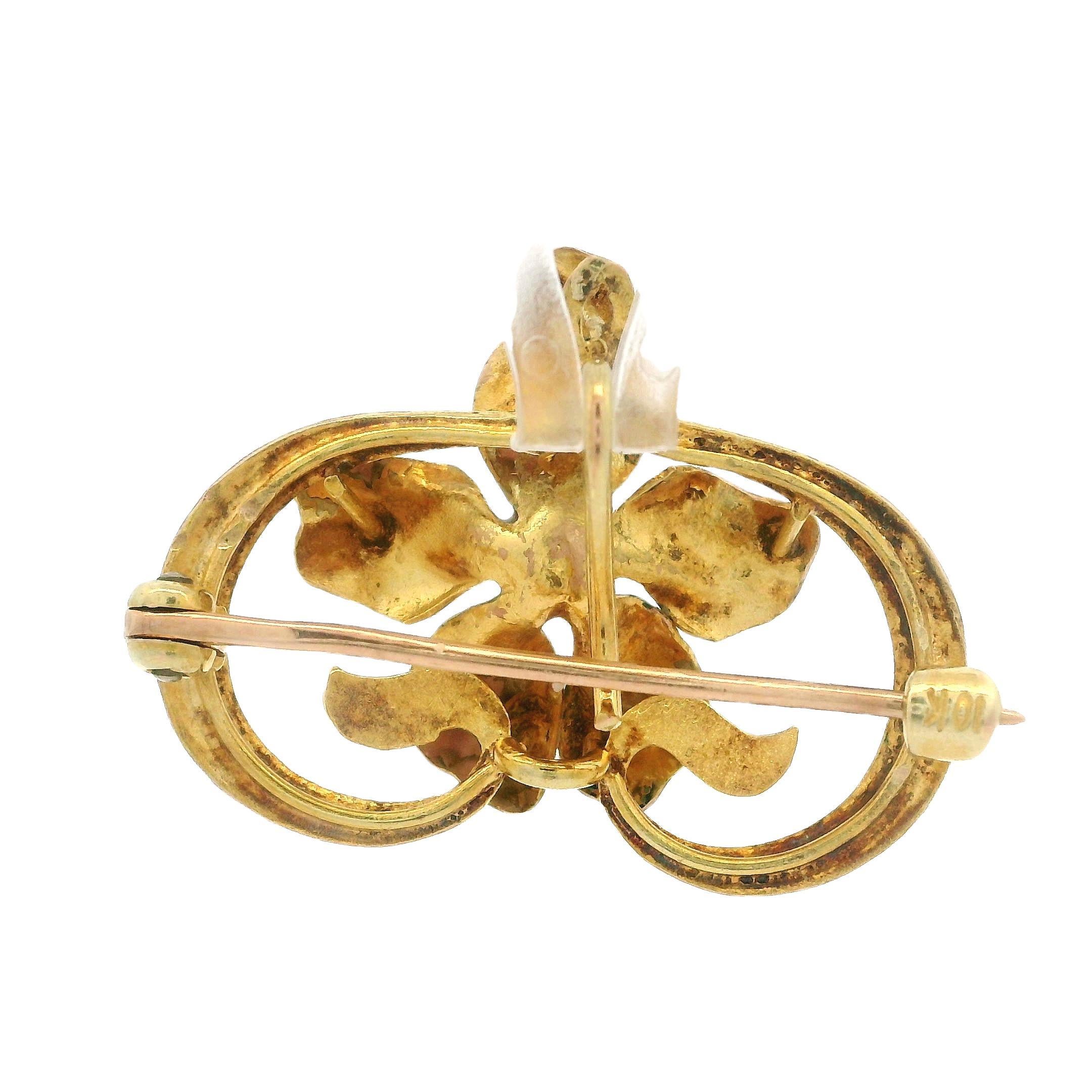 Old Mine Cut Antique Art Nouveau 10k Yellow Gold Diamond & Enamel Flower Pin Brooch Pendant For Sale
