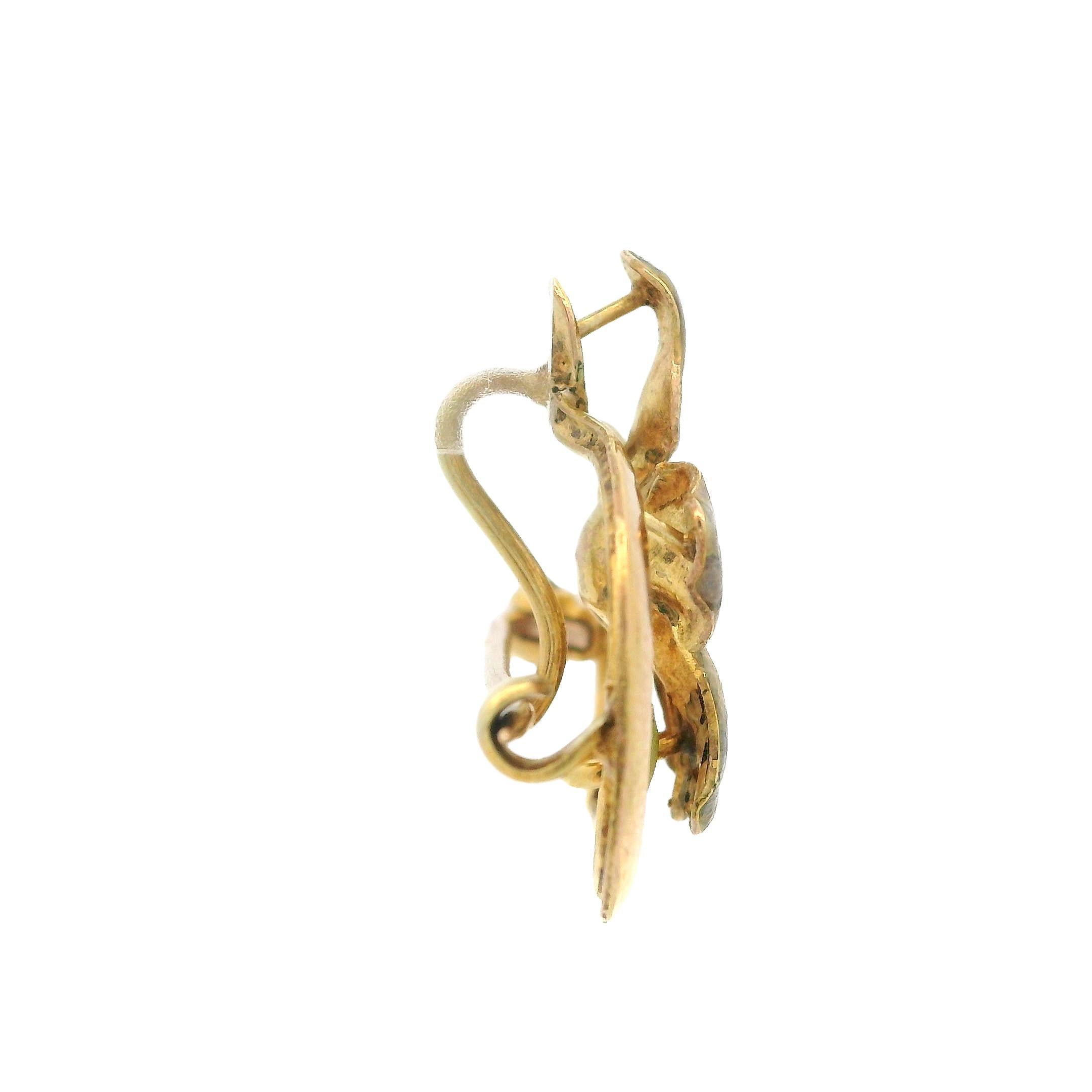 Antique Art Nouveau 10k Yellow Gold Diamond & Enamel Flower Pin Brooch Pendant In Excellent Condition For Sale In Montclair, NJ