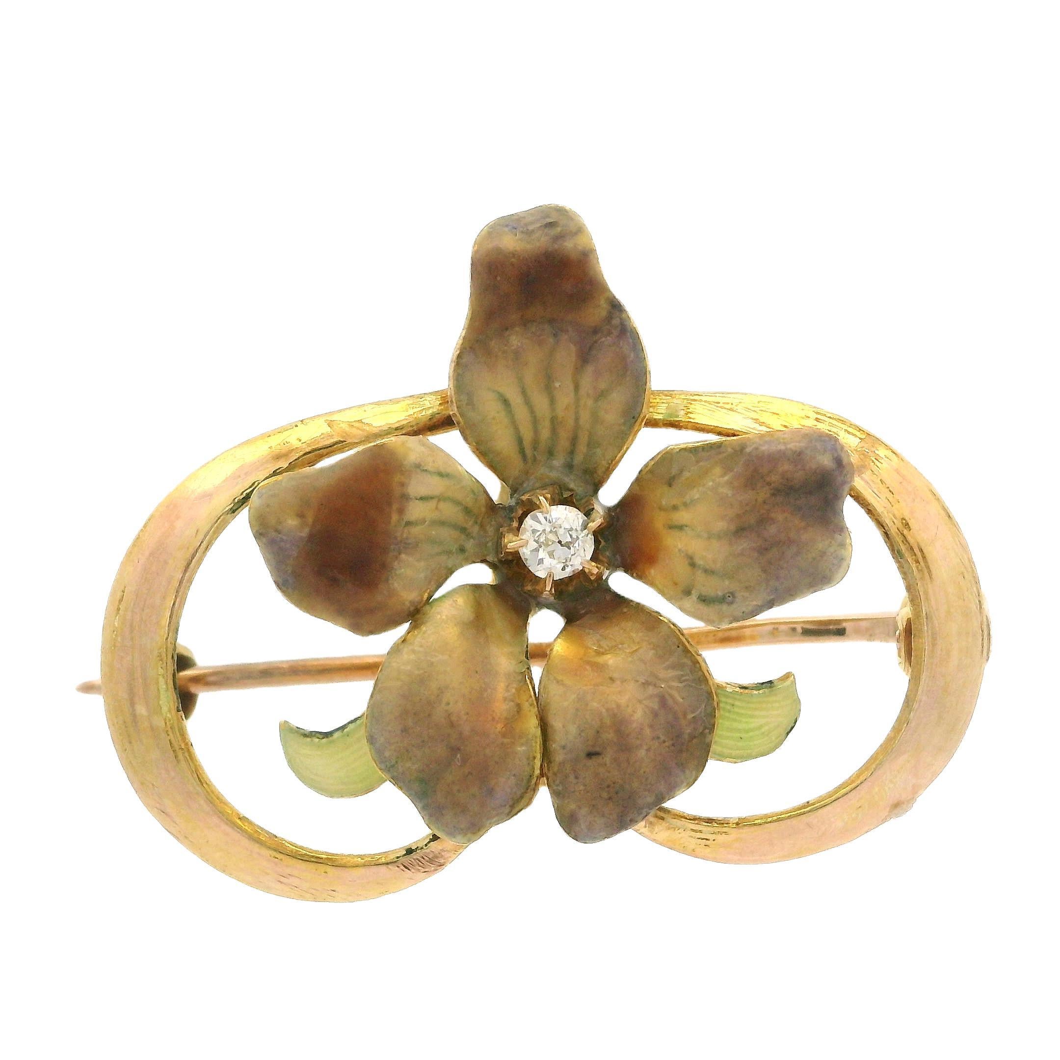 Women's Antique Art Nouveau 10k Yellow Gold Diamond & Enamel Flower Pin Brooch Pendant For Sale
