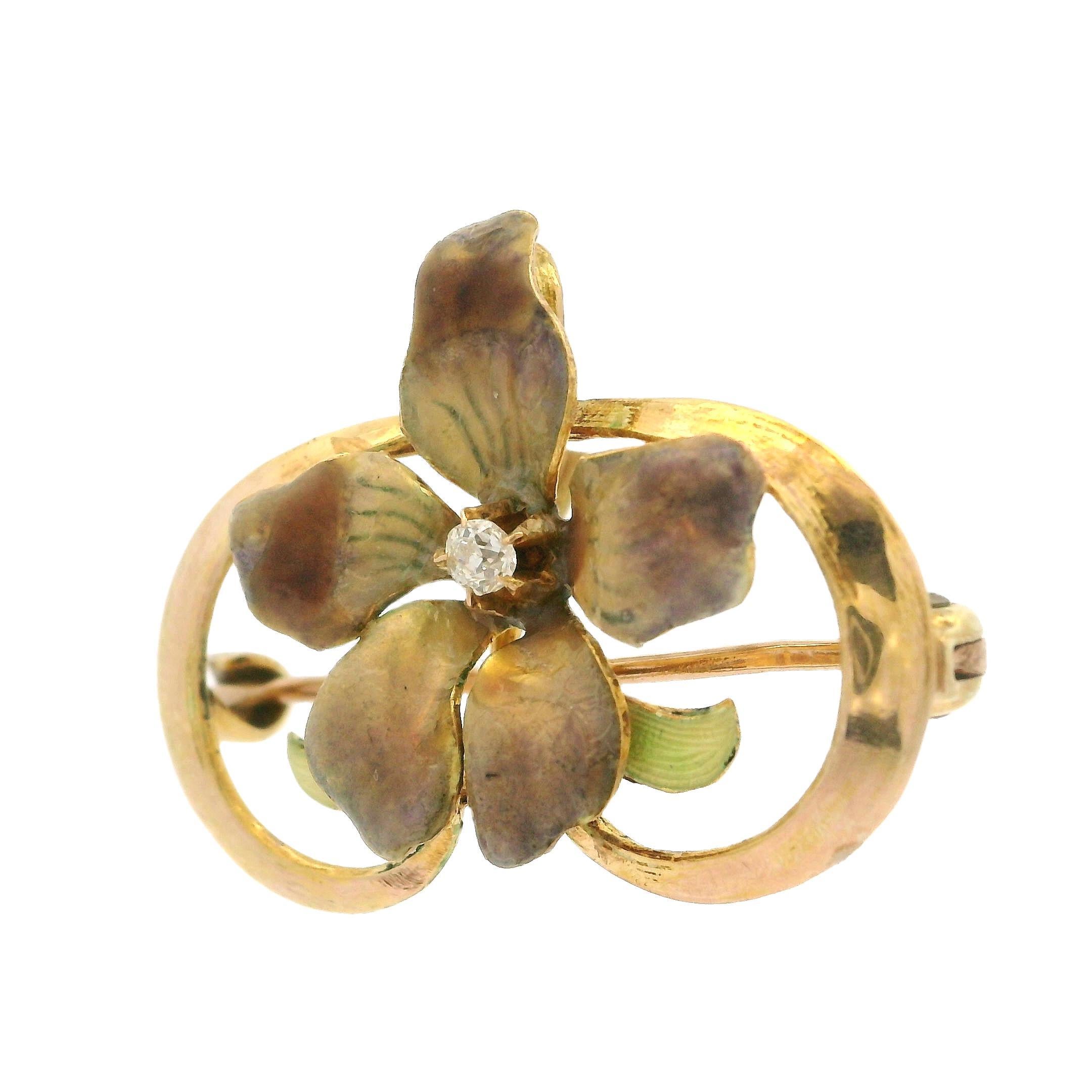 Antique Art Nouveau 10k Yellow Gold Diamond & Enamel Flower Pin Brooch Pendant For Sale 1