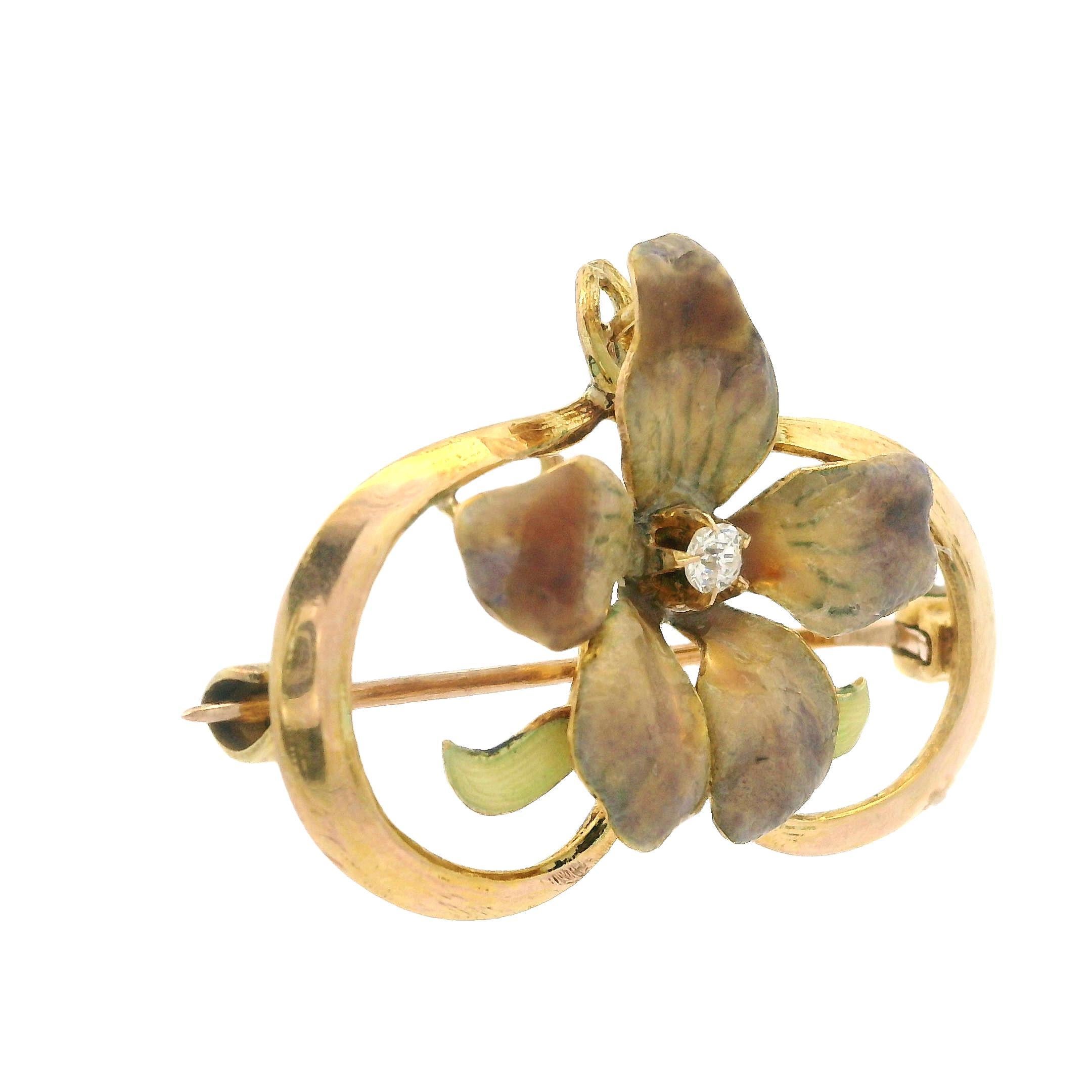 Antique Art Nouveau 10k Yellow Gold Diamond & Enamel Flower Pin Brooch Pendant For Sale 2