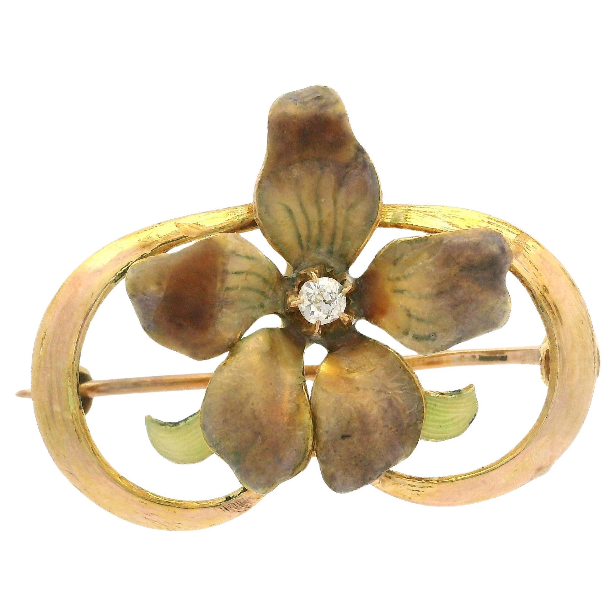 Antique Art Nouveau 10k Yellow Gold Diamond & Enamel Flower Pin Brooch Pendant