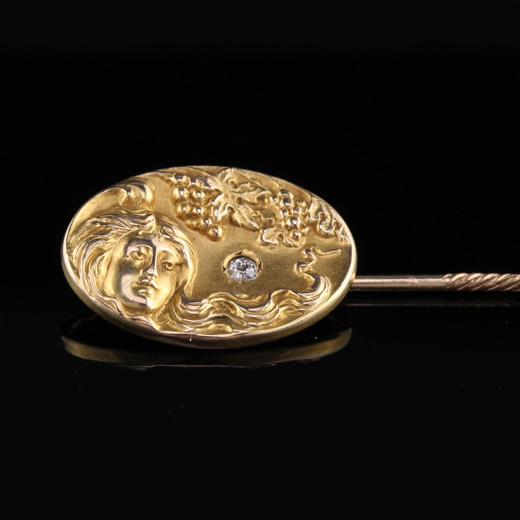Women's or Men's Antique Art Nouveau 10 Karat Yellow Gold and Diamond Stick Pin