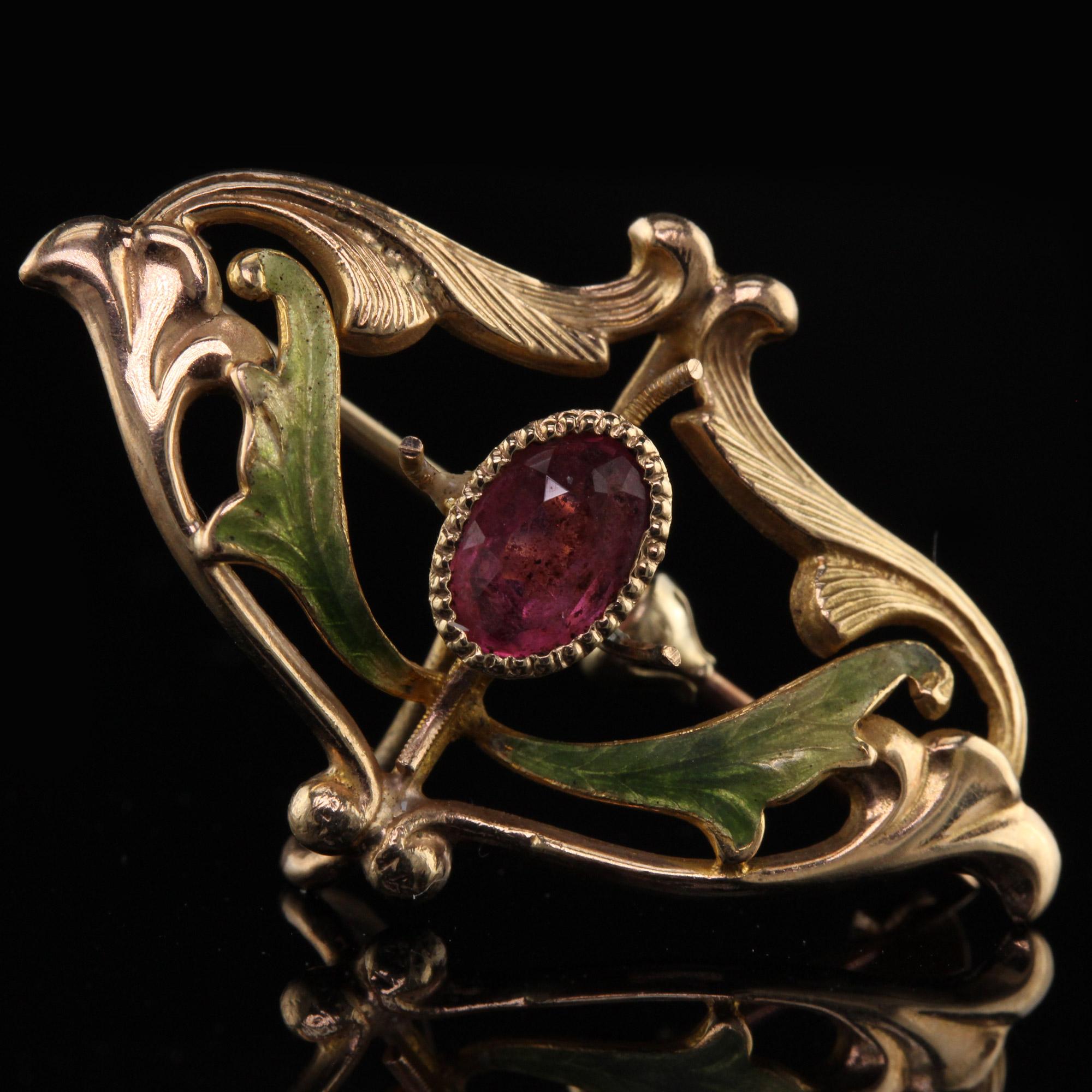 Women's or Men's Antique Art Nouveau 10 Karat Yellow Gold Ruby and Enamel Brooch