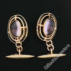 Antique Art Nouveau 12k Yellow Gold Cabochon Amethyst Target Open Work Cufflinks