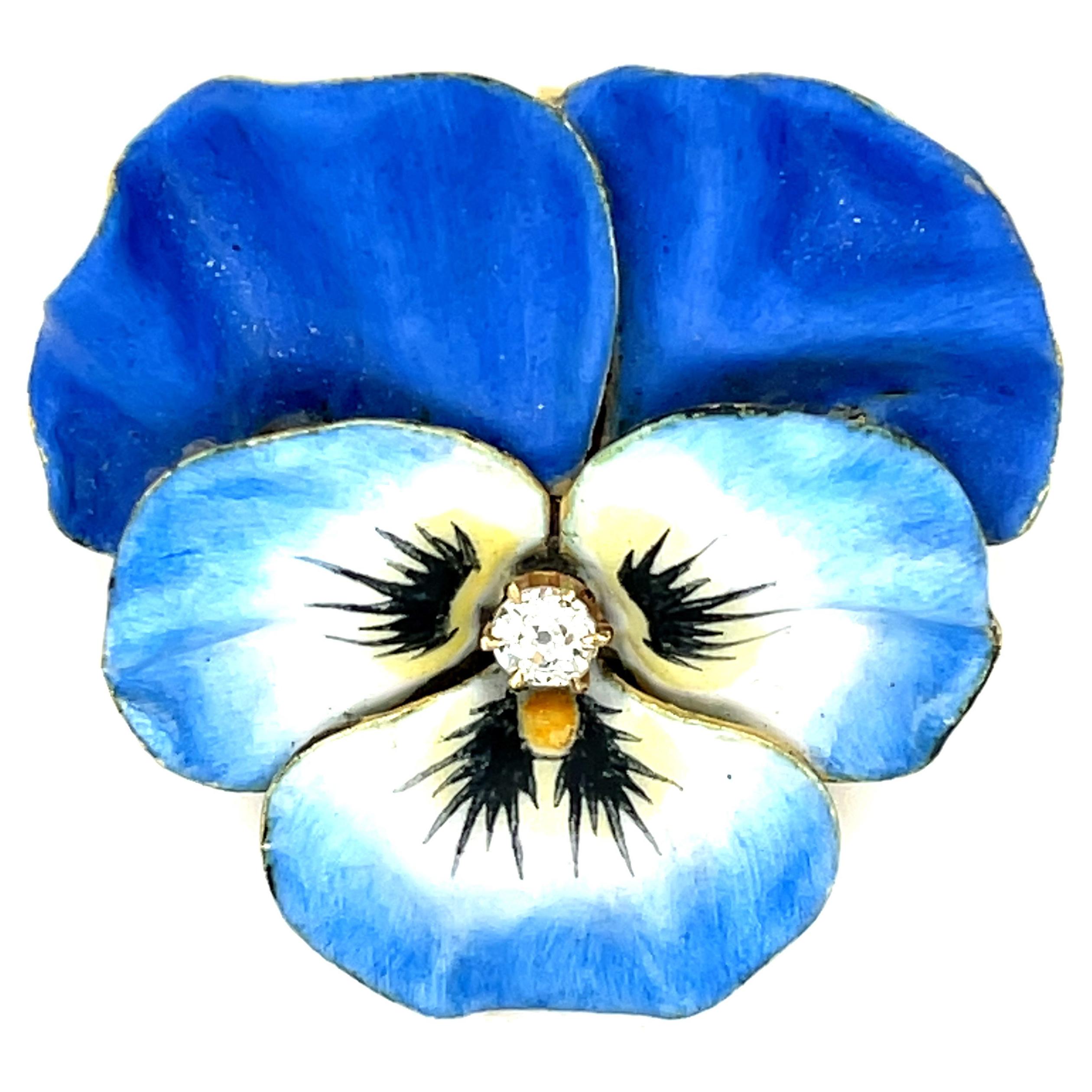 Antique Art Nouveau 14 Karat Blue Enamel Pansy Pin with Diamond