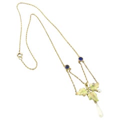Antique Art Nouveau 14 Karat Gold Enameled Leaf Diamond and Blue Garnet Necklace