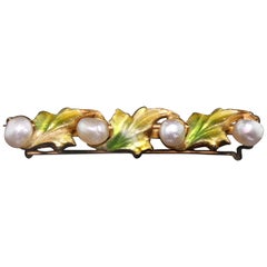 Antique Art Nouveau 14 Karat Yellow Gold, Pearl and Enamel Leaf Bar Brooch