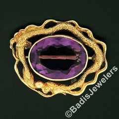 Antique Art Nouveau 14k Gold 13.13ct Oval Amethyst Detailed Dragon Frame Brooch