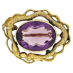 Antique Art Nouveau 14k Gold 13.13ct Oval Amethyst Detailed Dragon Frame Brooch