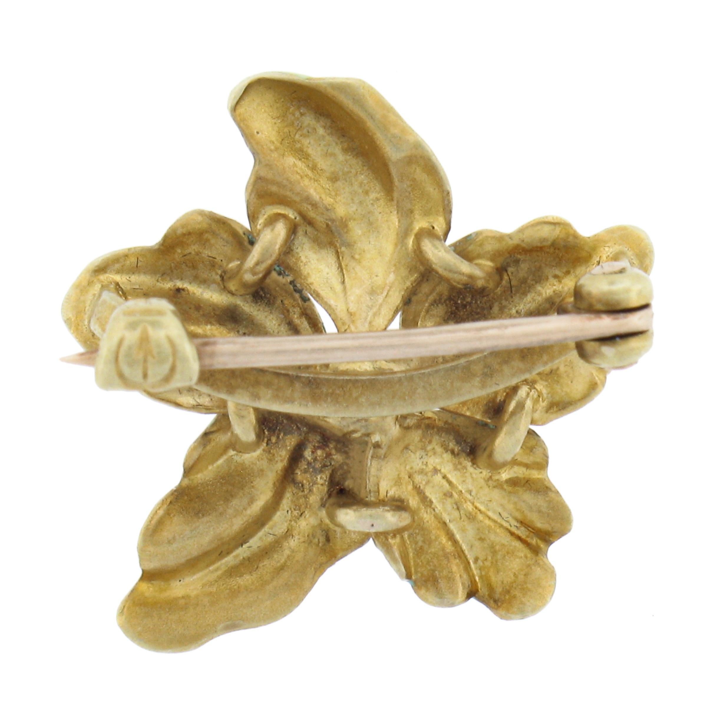 Round Cut Antique Art Nouveau 14k Gold 2.4mm Pearl Floral Brooch Pin w/ Enamel Work For Sale