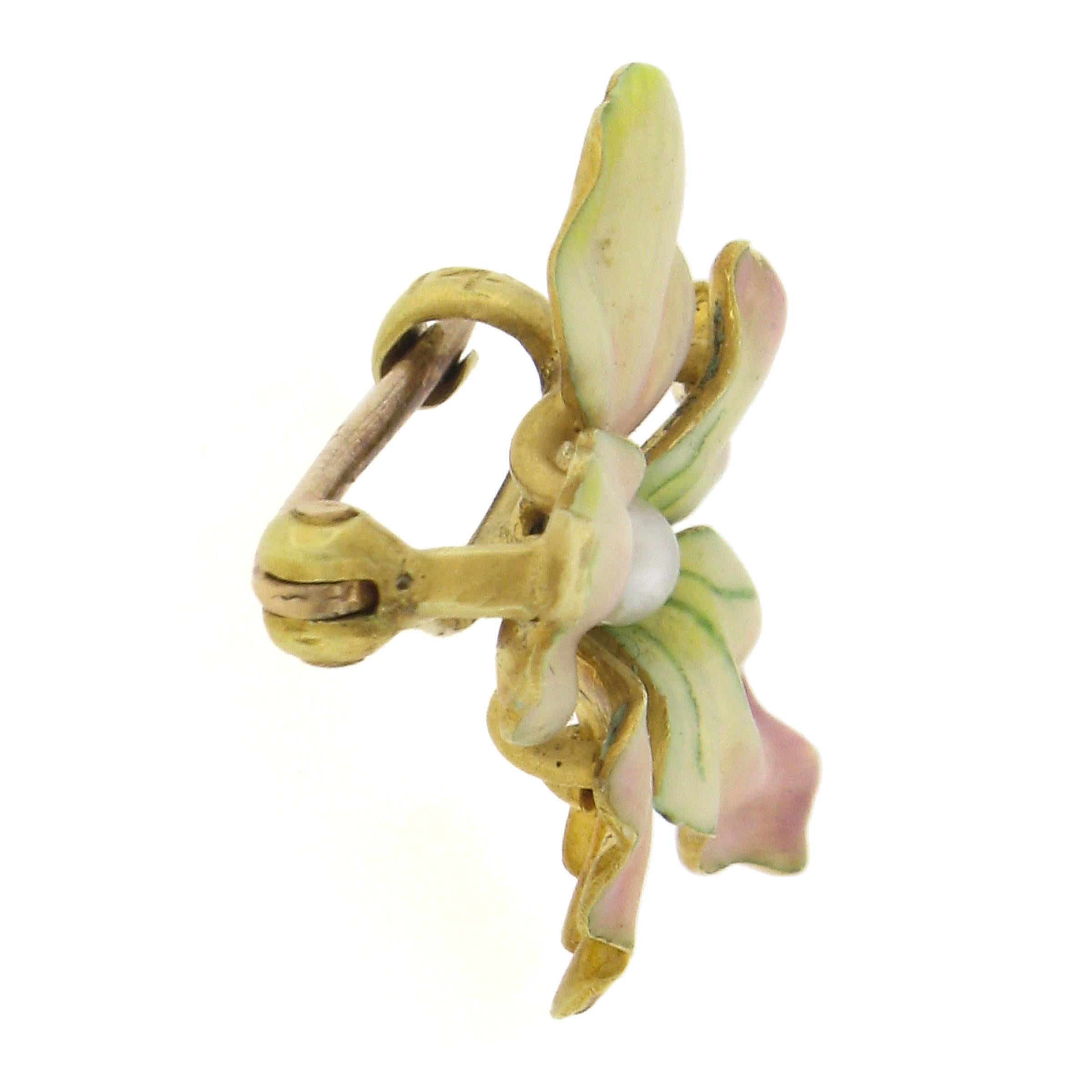Antique Art Nouveau 14k Gold 2.4mm Pearl Floral Brooch Pin w/ Enamel Work For Sale 1