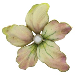 Antique Art Nouveau 14k Gold 2.4mm Pearl Floral Brooch Pin w/ Enamel Work Antique Art Nouveau 14k Gold 2.4mm Pearl Floral Brooch Pin w/ Enamel Work