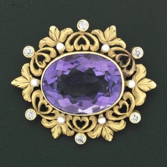 Antique Art Nouveau 14K Gold Amethyst Diamond Pearl Foliated Heart Frame Brooch