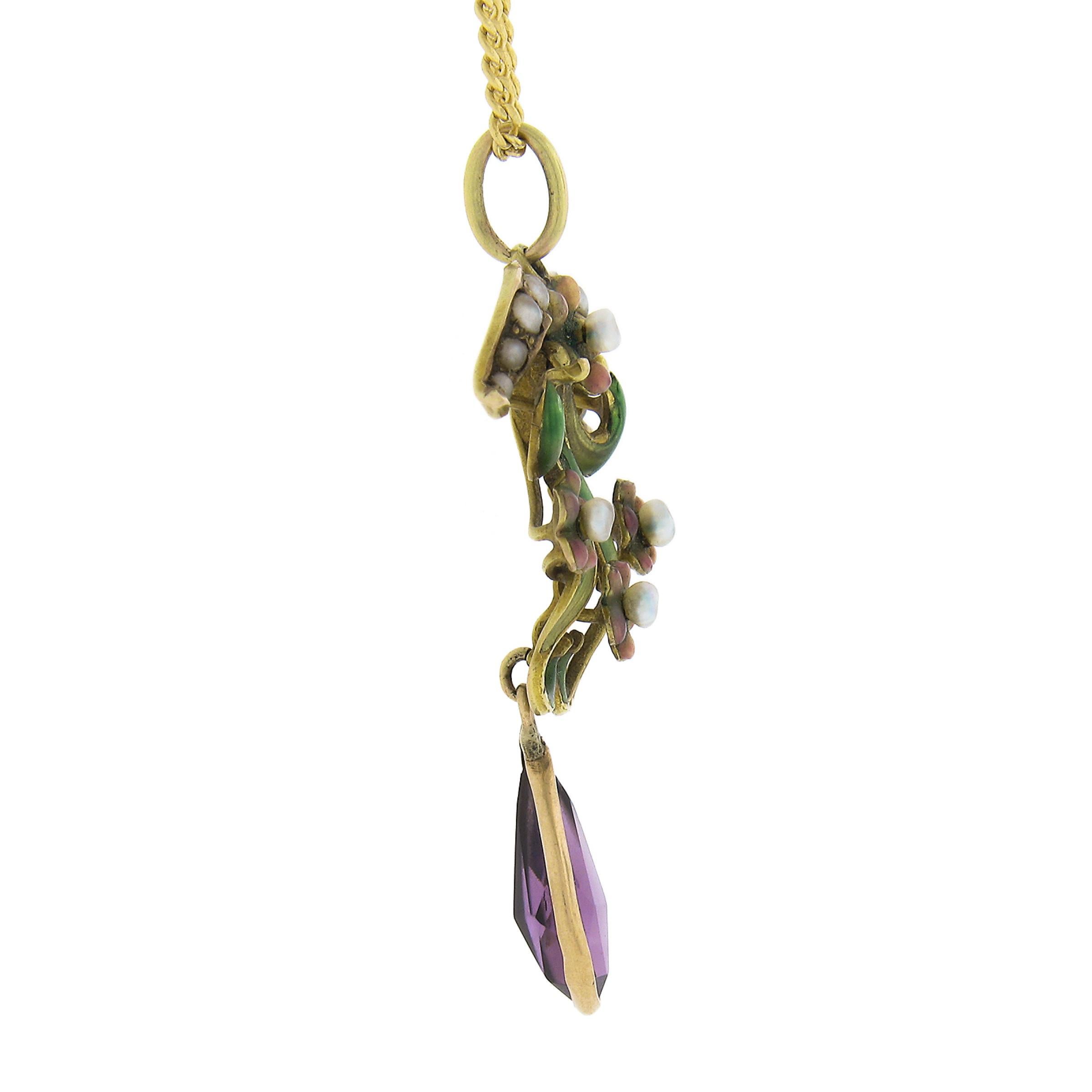 Pear Cut Antique Art Nouveau 14k Gold Amethyst Pearl & Enamel Dangle Lavalier Pendant For Sale