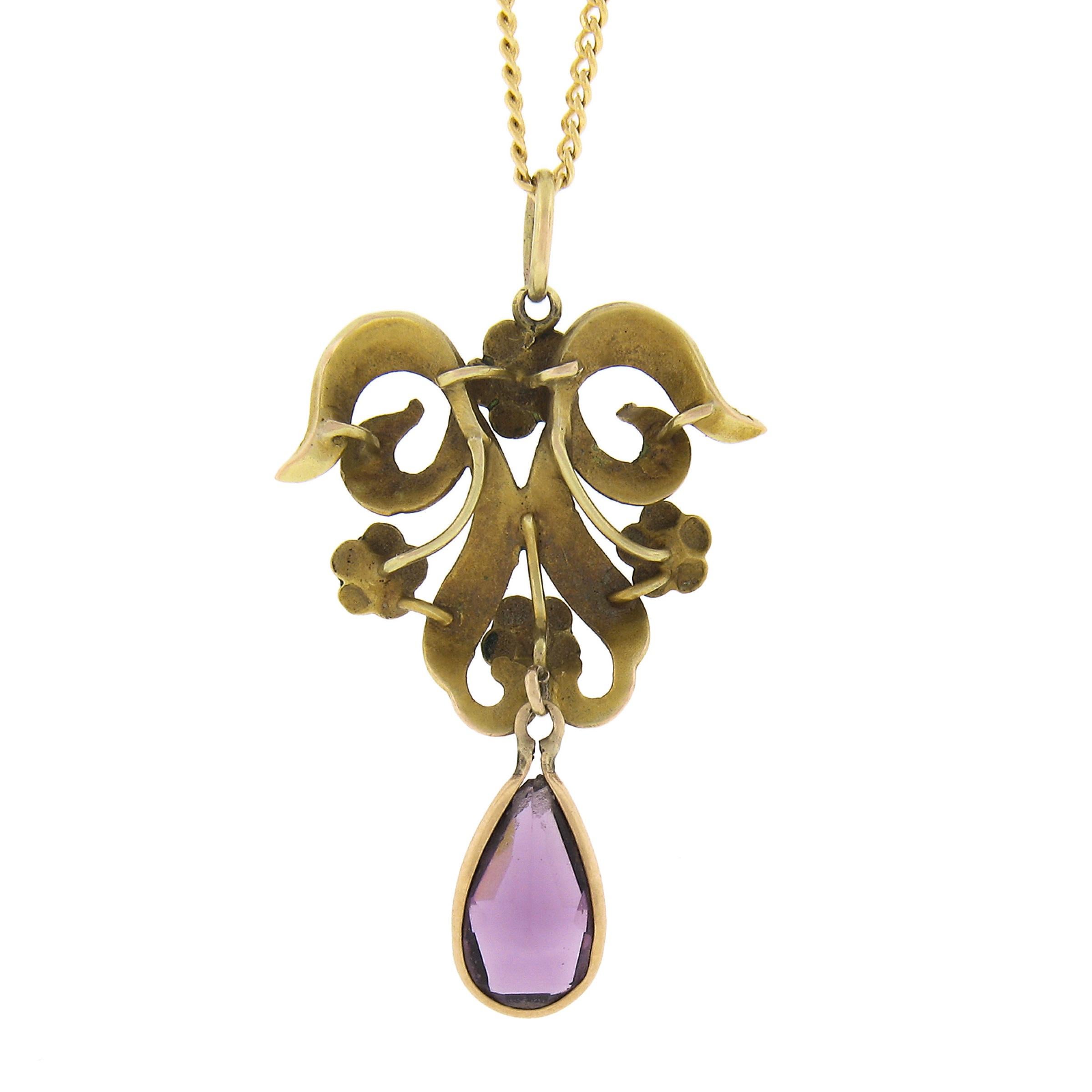 Women's Antique Art Nouveau 14k Gold Amethyst Pearl & Enamel Dangle Lavalier Pendant For Sale