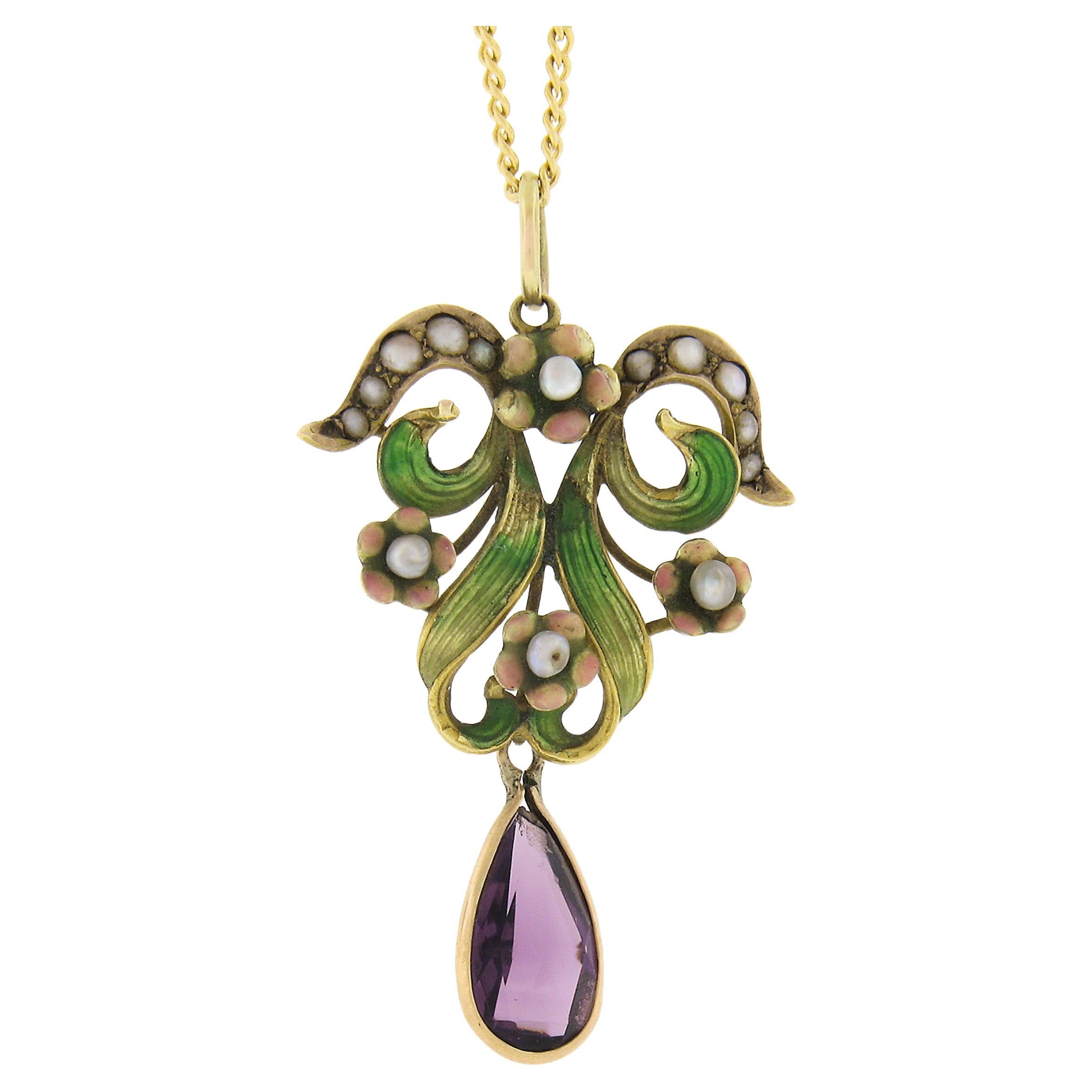 Antique Art Nouveau 14k Gold Amethyst Pearl & Enamel Dangle Lavalier Pendant For Sale