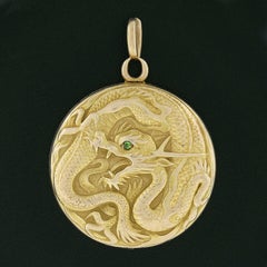 Antique Art Nouveau 14k Gold Detailed Dragon Repousse Medallion Locket Pendant