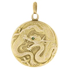 Antique Art Nouveau 14k Gold Detailed Dragon Repousse Medallion Locket Pendant