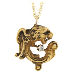 Antique Art Nouveau 14K Gold Diamond Puffed Winged Serpent Dragon Pendant Chain