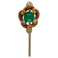 Antique Art Nouveau 14k Gold, Emerald & Diamond Stickpin