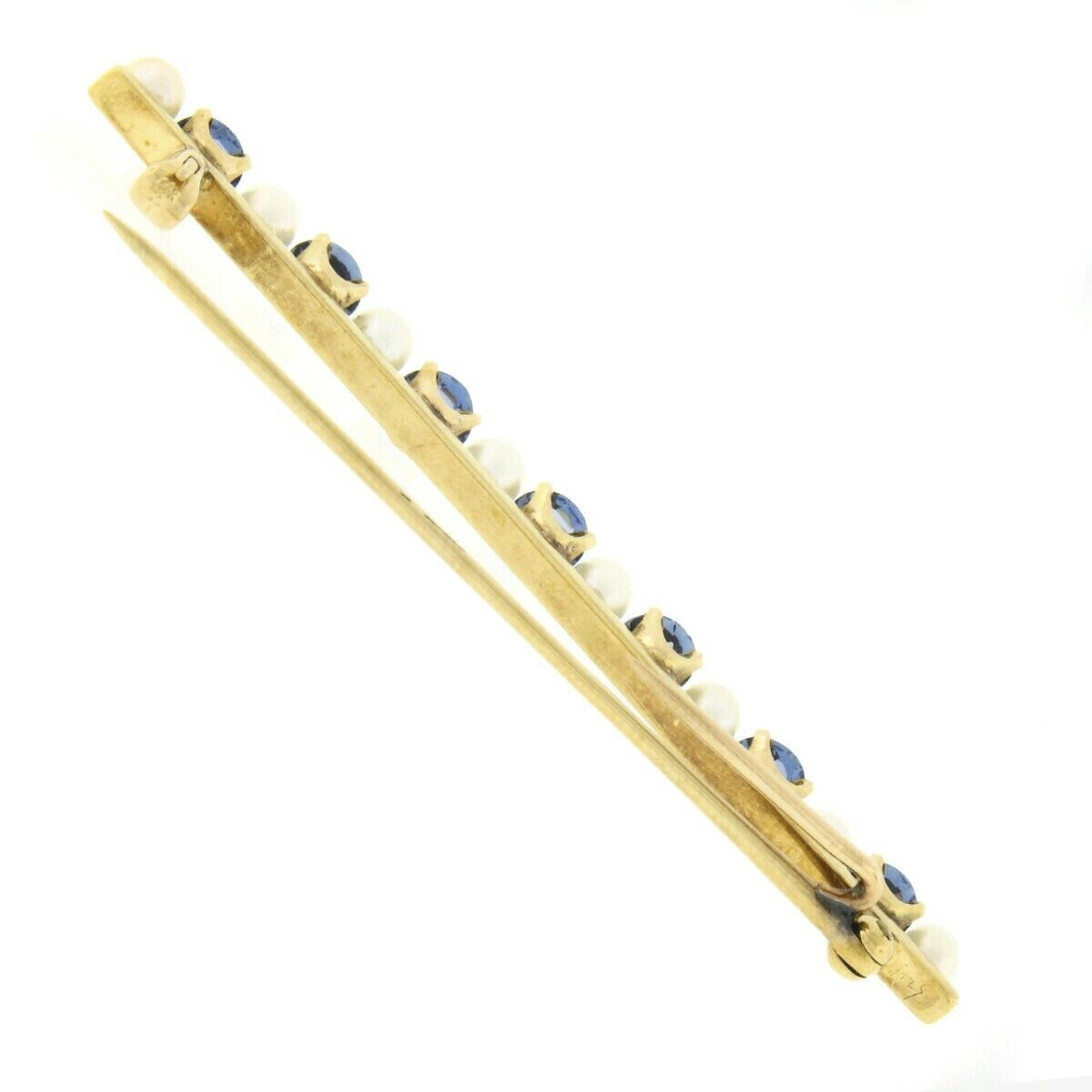 Antique Art Nouveau 14k Gold GIA NO HEAT Montana Sapphire Pearl Bar Pin Brooch In Good Condition For Sale In Montclair, NJ