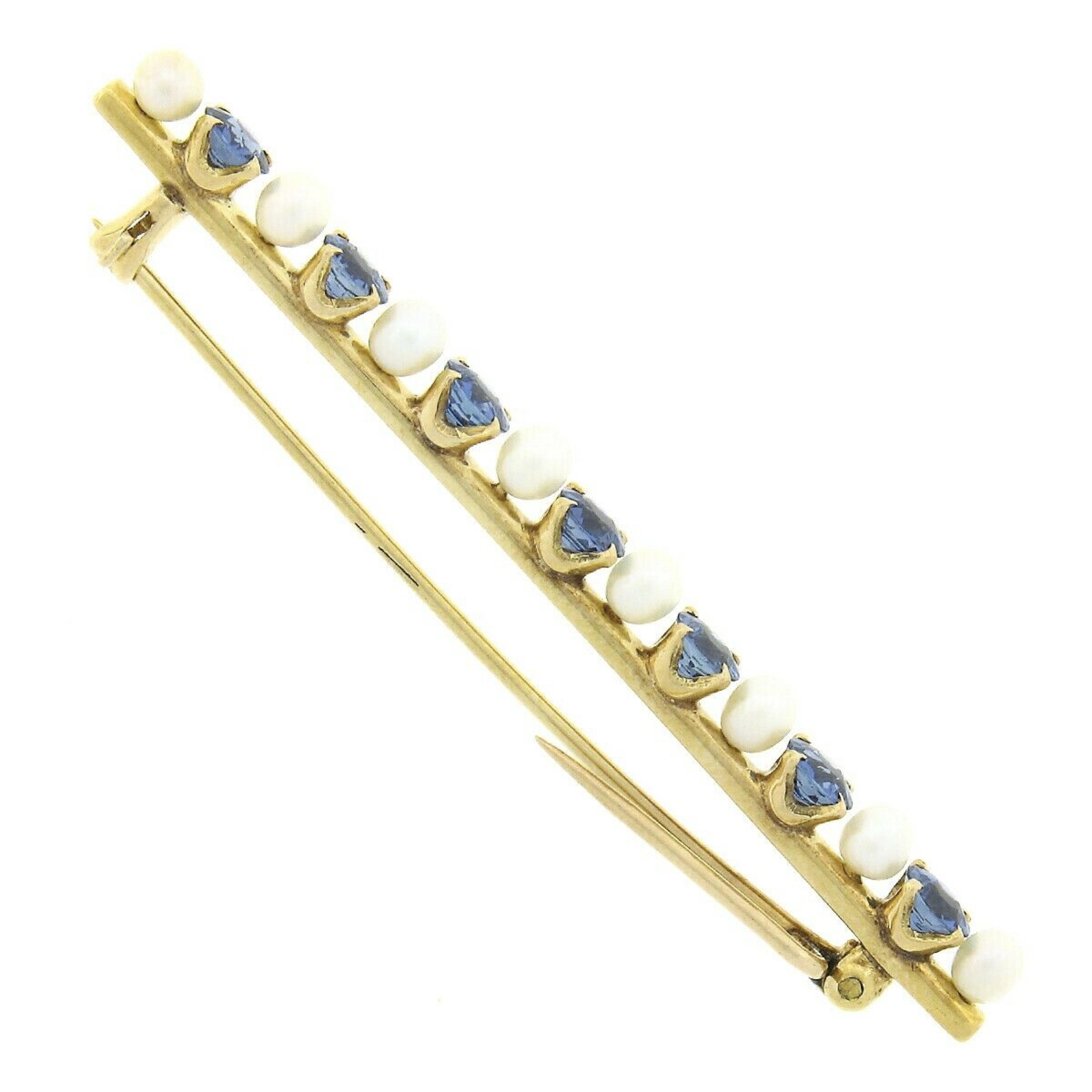 Women's or Men's Antique Art Nouveau 14k Gold GIA NO HEAT Montana Sapphire Pearl Bar Pin Brooch For Sale