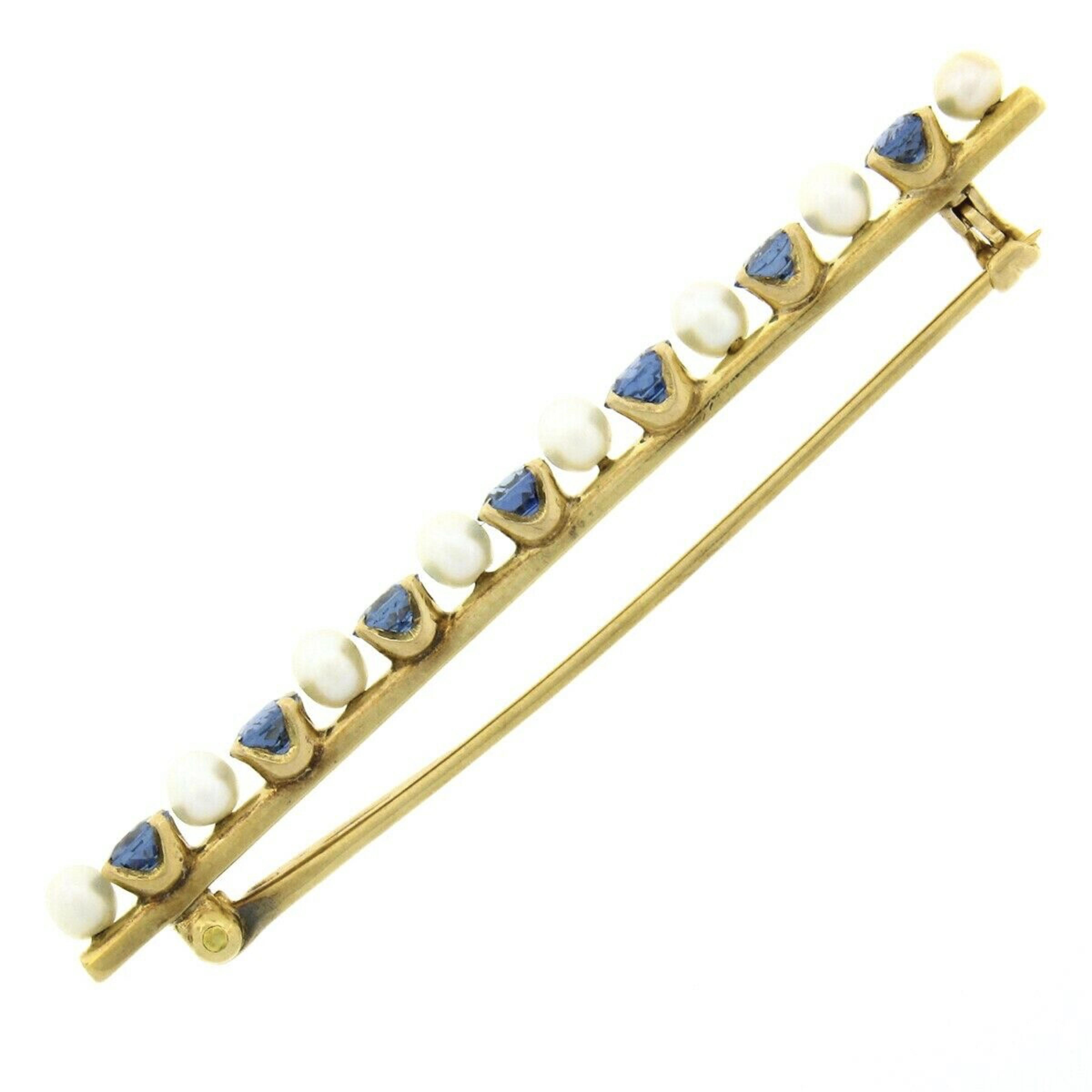 Antique Art Nouveau 14k Gold GIA NO HEAT Montana Sapphire Pearl Bar Pin Brooch For Sale 1