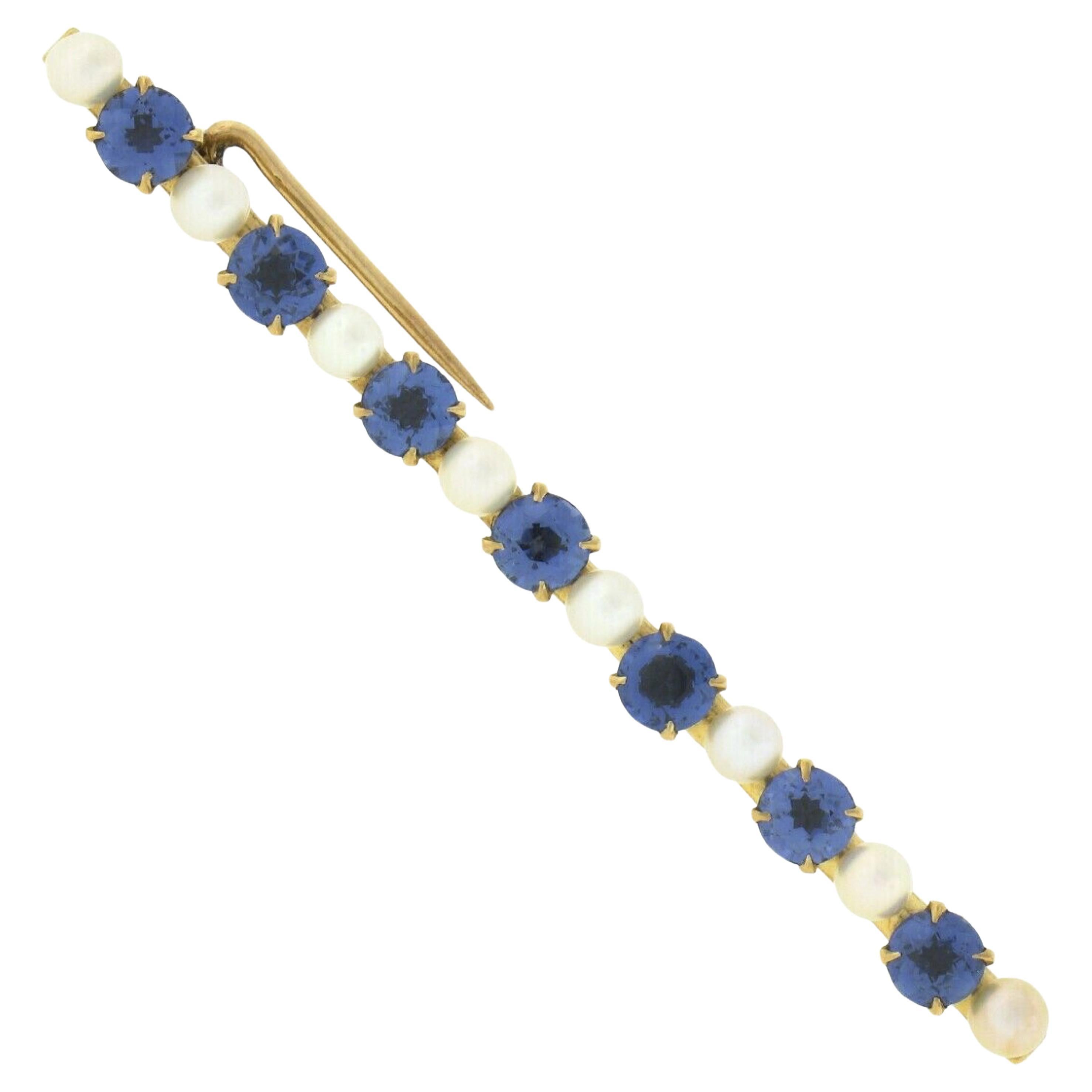 Antique Art Nouveau 14k Gold GIA NO HEAT Montana Sapphire Pearl Bar Pin Brooch For Sale