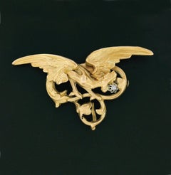Antique Art Nouveau 18k Gold Large 3D Dragon w/ Diamond Textured Pin Brooch