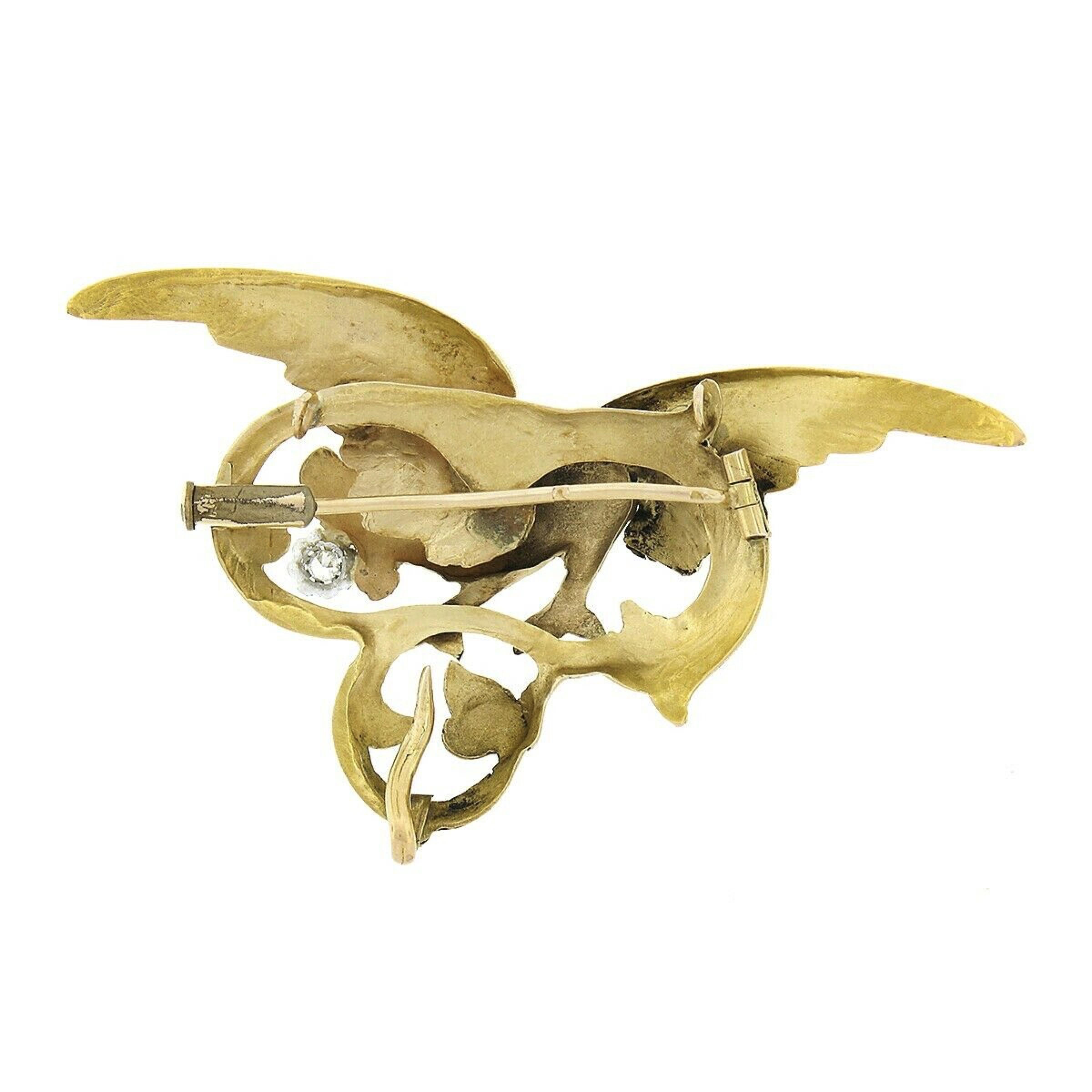 Single Cut Antique Art Nouveau 14k Gold Large 3D Dragon w/ Diamond Textured Pin Brooch For Sale