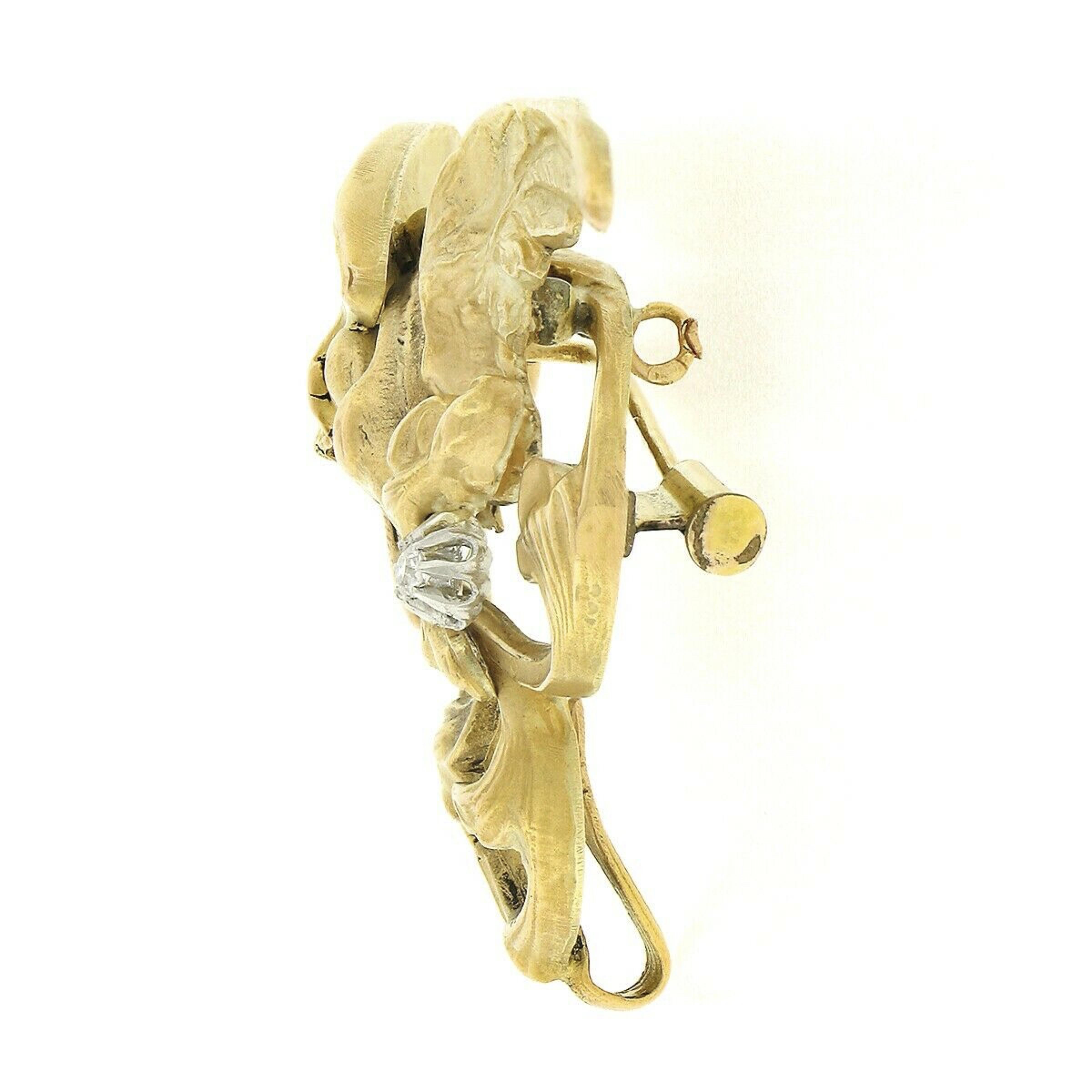 Women's Antique Art Nouveau 14k Gold Large 3D Dragon w/ Diamond Textured Pin Brooch For Sale