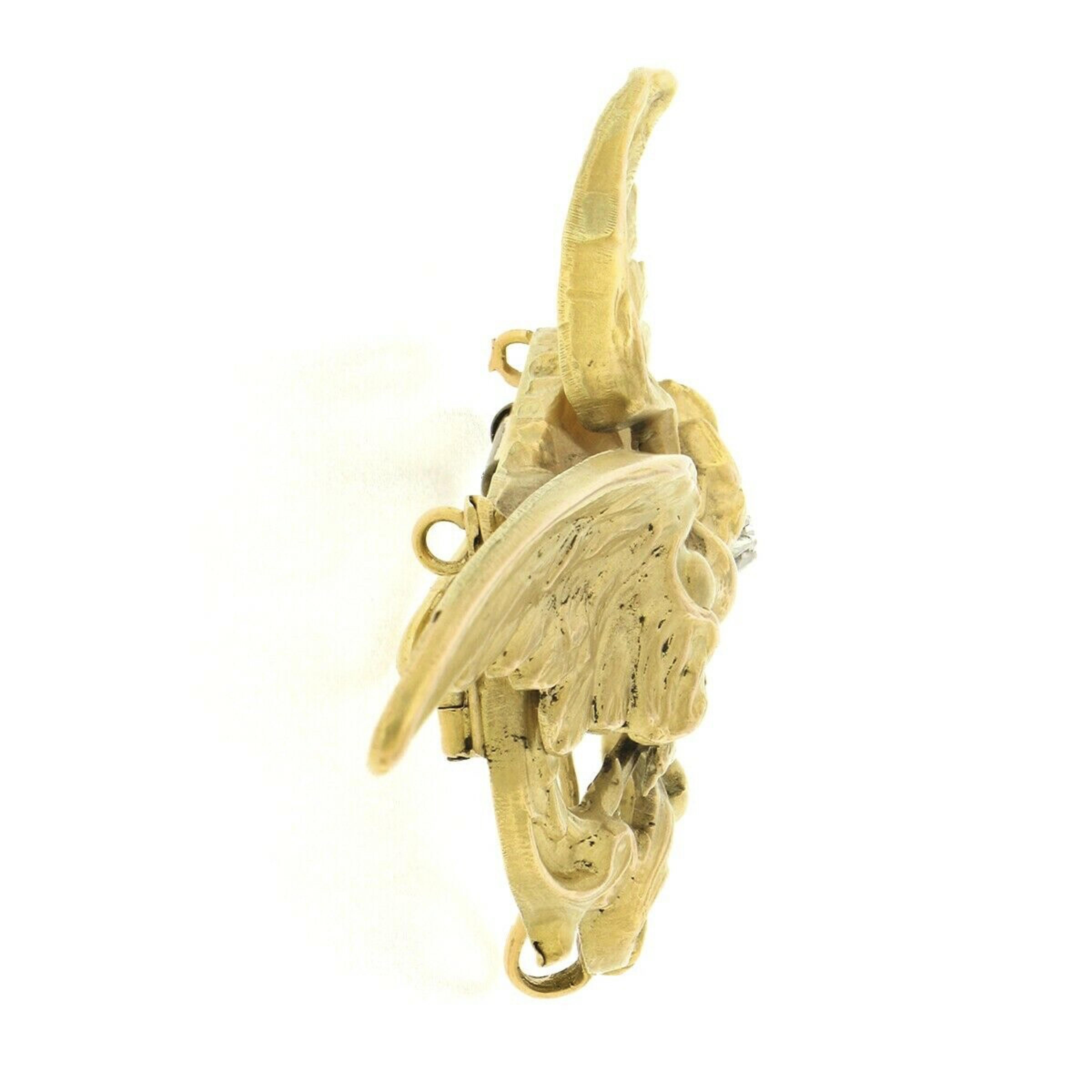 Antique Art Nouveau 14k Gold Large 3D Dragon w/ Diamond Textured Pin Brooch For Sale 1
