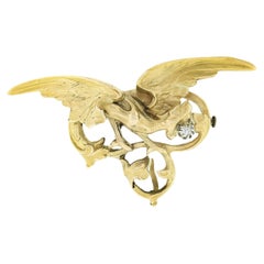 Antique Art Nouveau 14k Gold Large 3D Dragon w/ Diamond Textured Pin Brooch