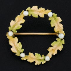 Antique Art Nouveau 14K Gold Matte Enamel Seed Pearl & Leaf Wreath Brooch Pin