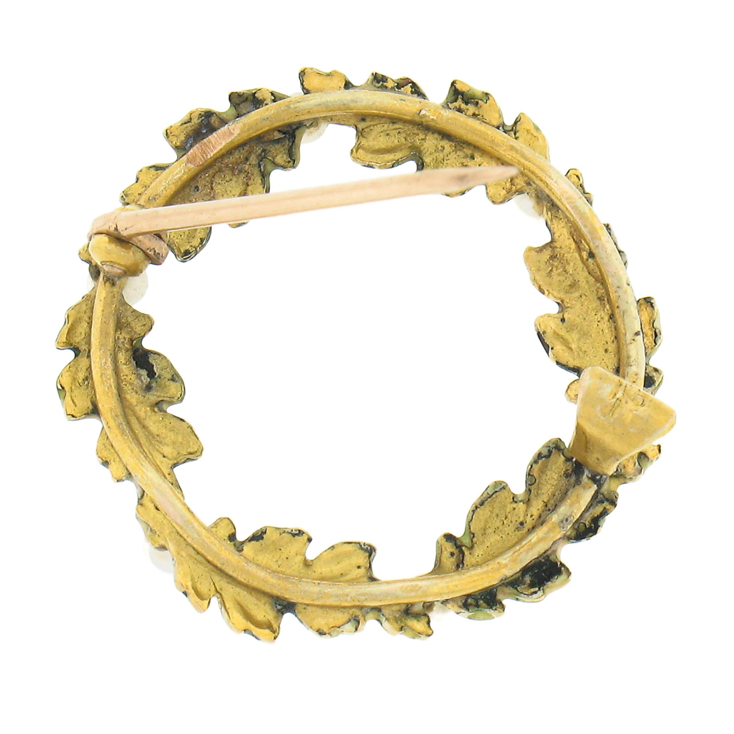Antike Art Nouveau 14K Gold Matt Emaille Samen Perle & Blatt Kranz Brosche Pin (Art nouveau) im Angebot