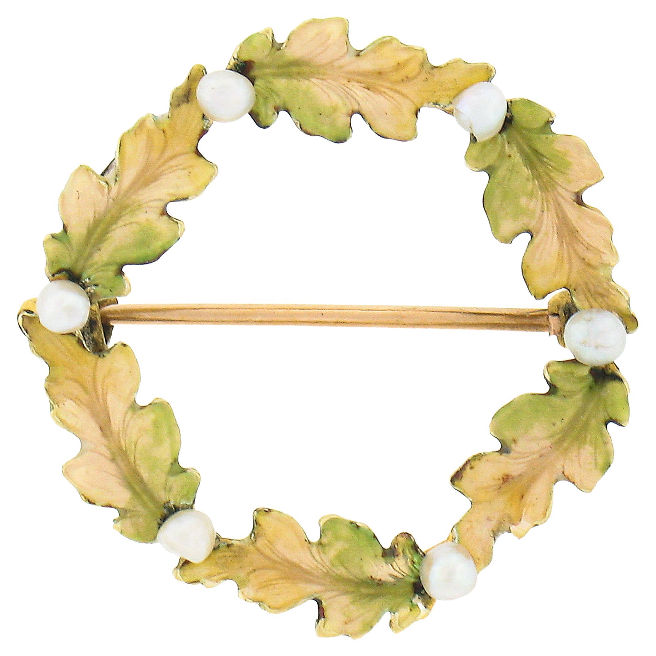 Antique Art Nouveau 14K Gold Matte Enamel Seed Pearl & Leaf Wreath Brooch Pin For Sale