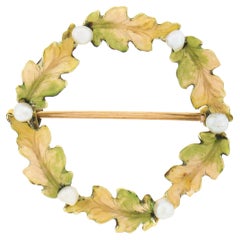 Antique Art Nouveau 14K Gold Matte Enamel Seed Pearl & Leaf Wreath Brooch Pin