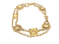 Antique Art Nouveau 14k Gold Old Bezel Golden Citrines Floral Cable Bracelet