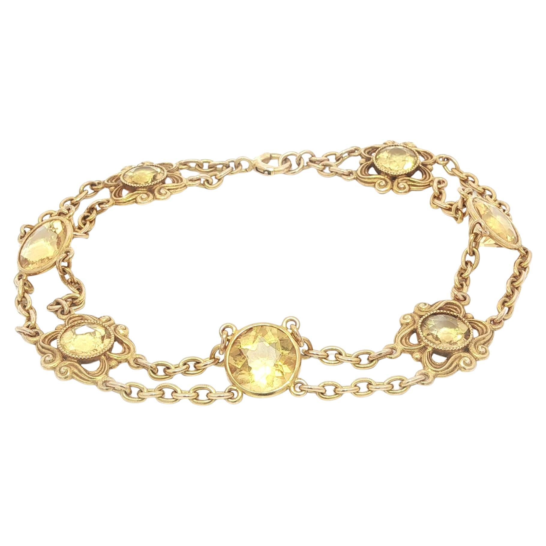 Antique Art Nouveau 14k Gold Old Bezel Golden Citrines Floral Cable Bracelet