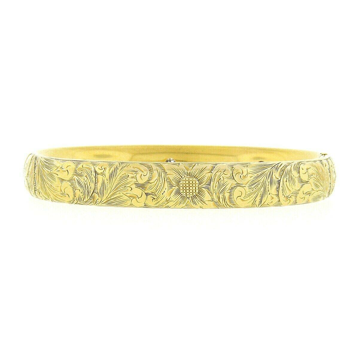 Antiker Jugendstil-Armreif aus 14 Karat Gold mit handgraviertem, alteuropäischem Diamanten (Art nouveau)