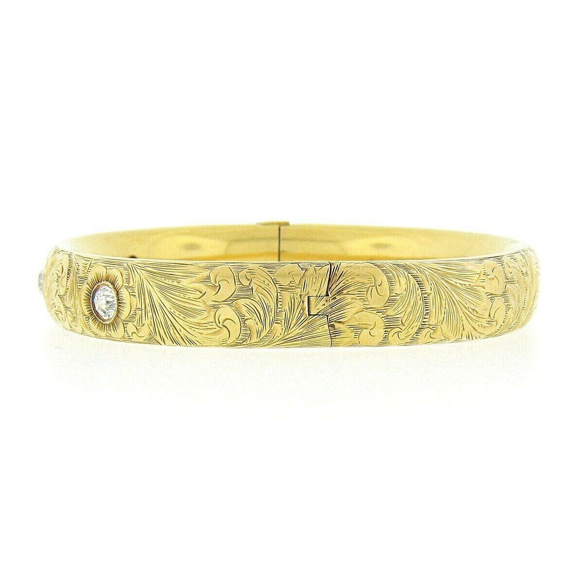 Antiker Jugendstil-Armreif aus 14 Karat Gold mit handgraviertem, alteuropäischem Diamanten (Alteuropäischer Schliff)