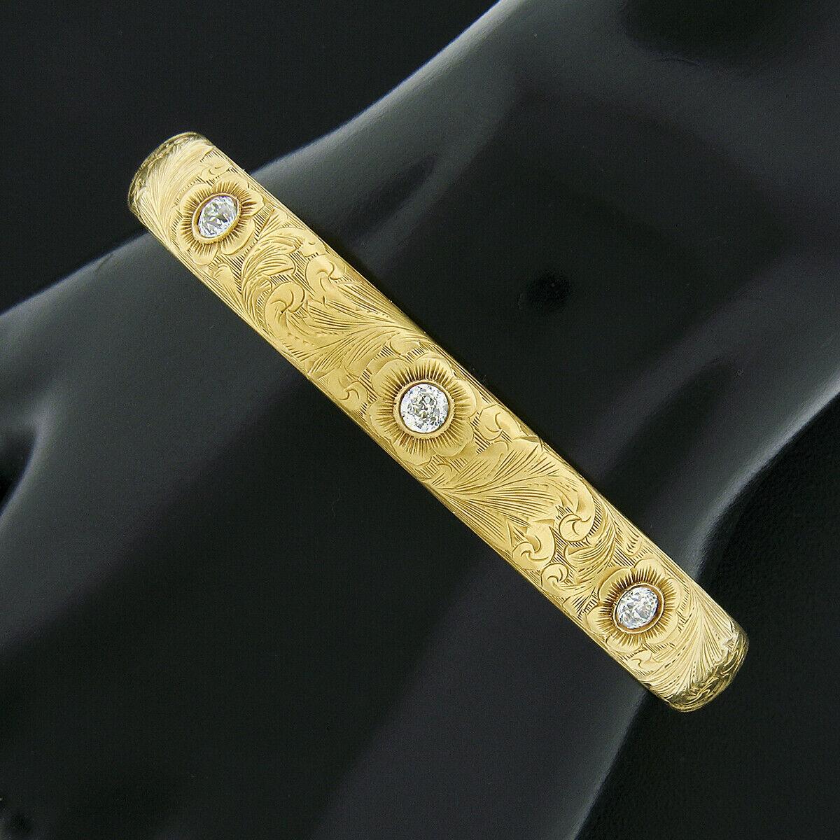 Antiker Jugendstil-Armreif aus 14 Karat Gold mit handgraviertem, alteuropäischem Diamanten 2