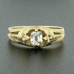 Antique Art Nouveau 14k Gold Old Mine Cut Diamond Hand Engraved Engagement Ring