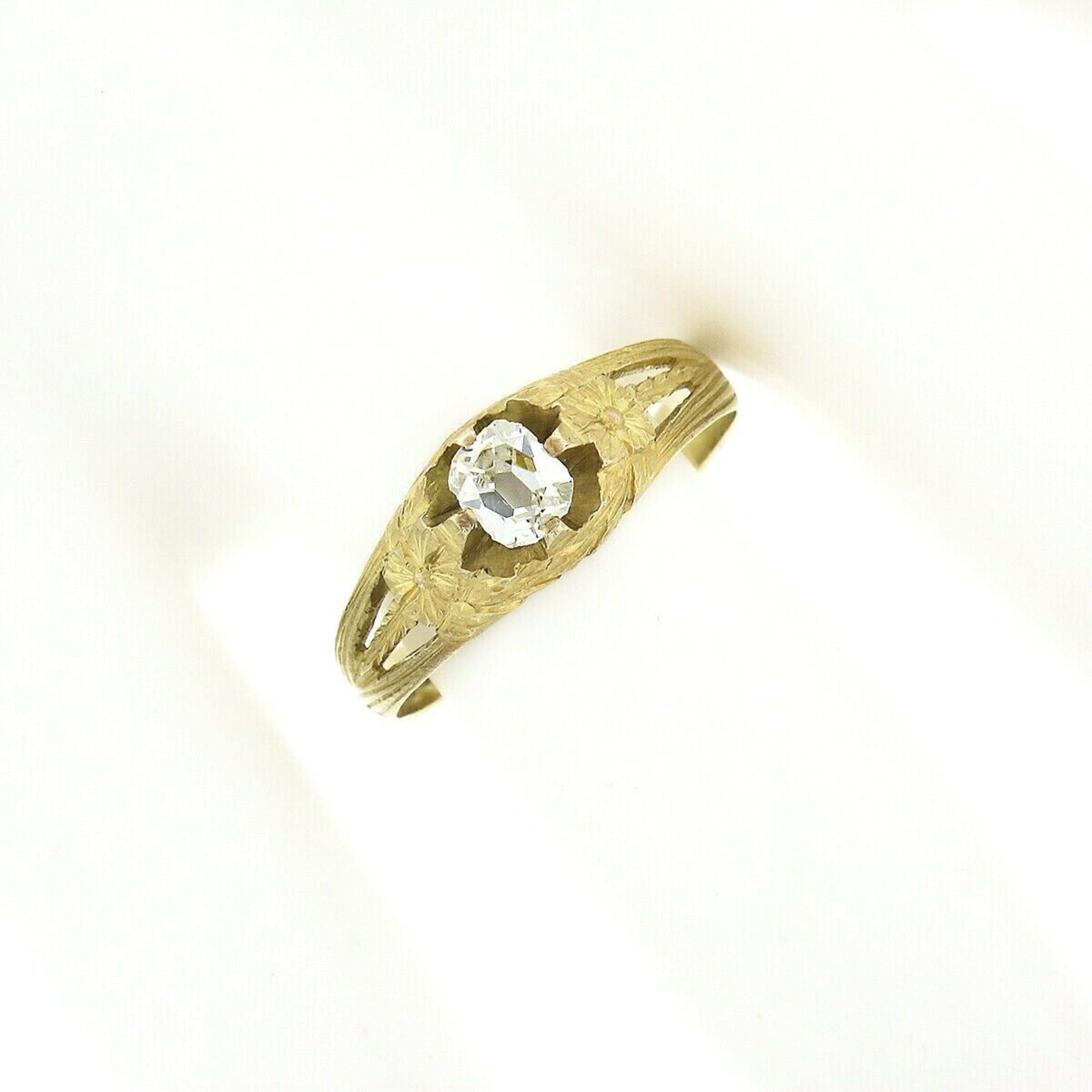 Antiker Jugendstil-Verlobungsring aus 14k Gold mit handgraviertem Diamanten im alten Minenschliff (Art nouveau) im Angebot