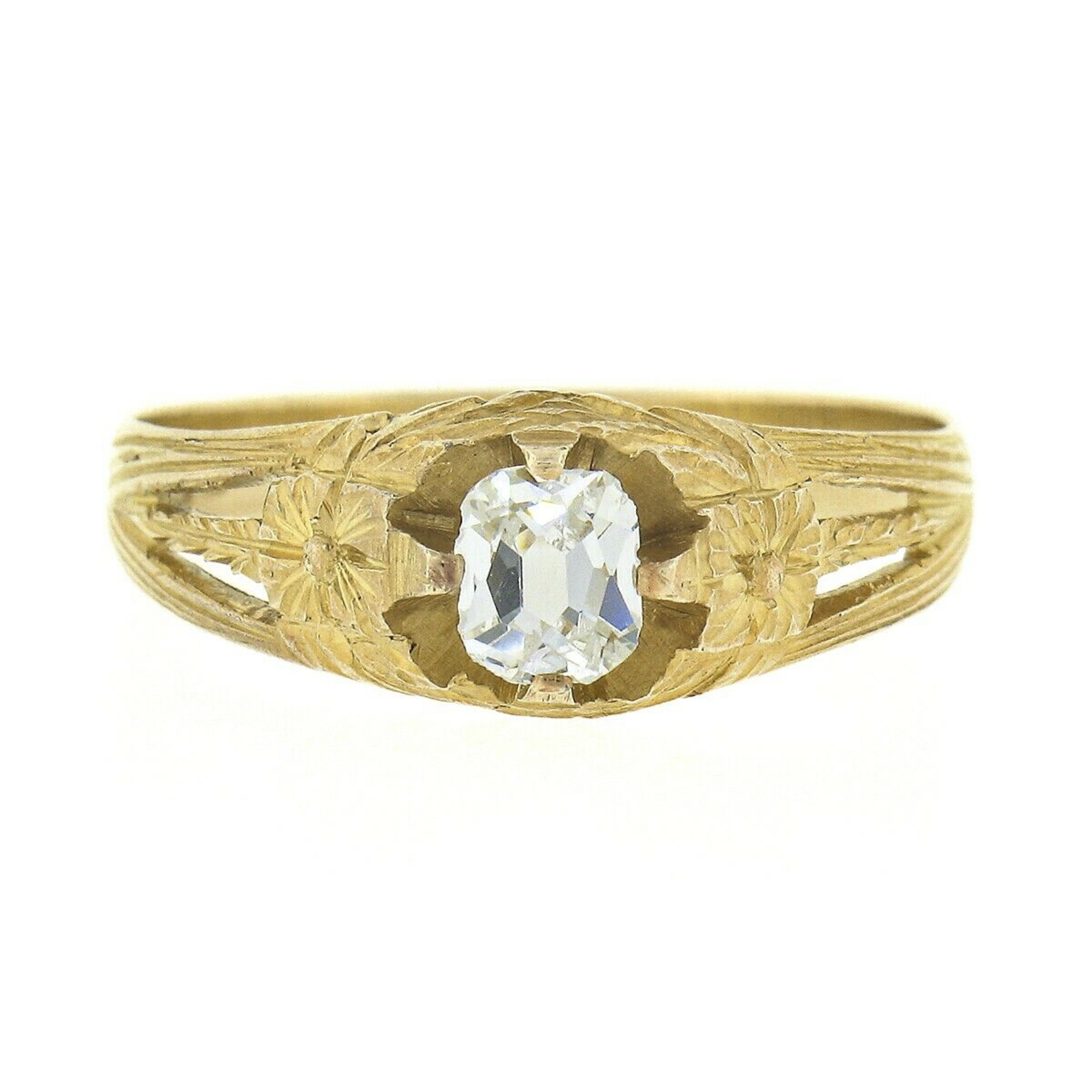 Antiker Jugendstil-Verlobungsring aus 14k Gold mit handgraviertem Diamanten im alten Minenschliff (Alteuropäischer Brillantschliff) im Angebot