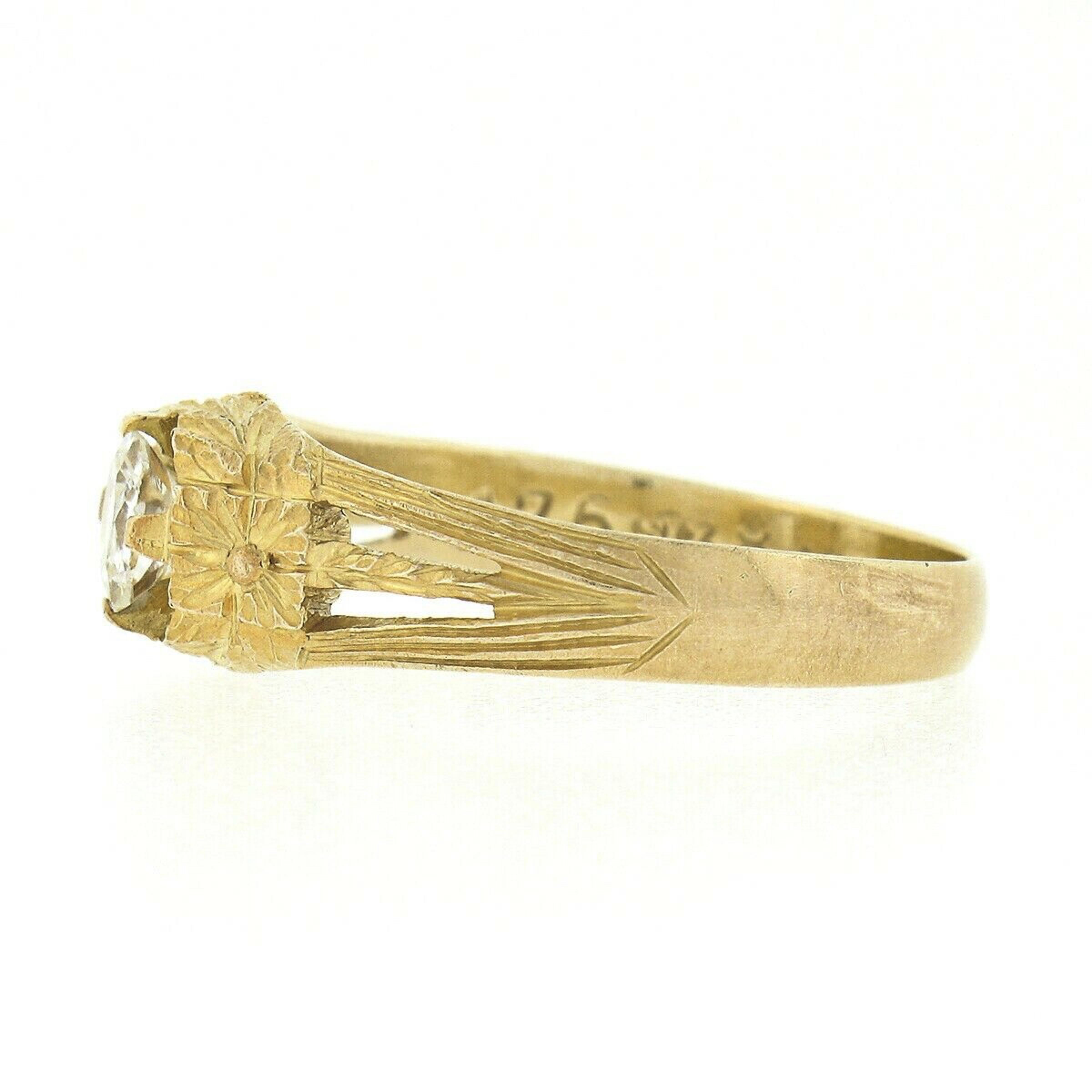 Antique Art Nouveau 14k Gold Old Mine Cut Diamond Hand Engraved Engagement Ring In Good Condition For Sale In Montclair, NJ
