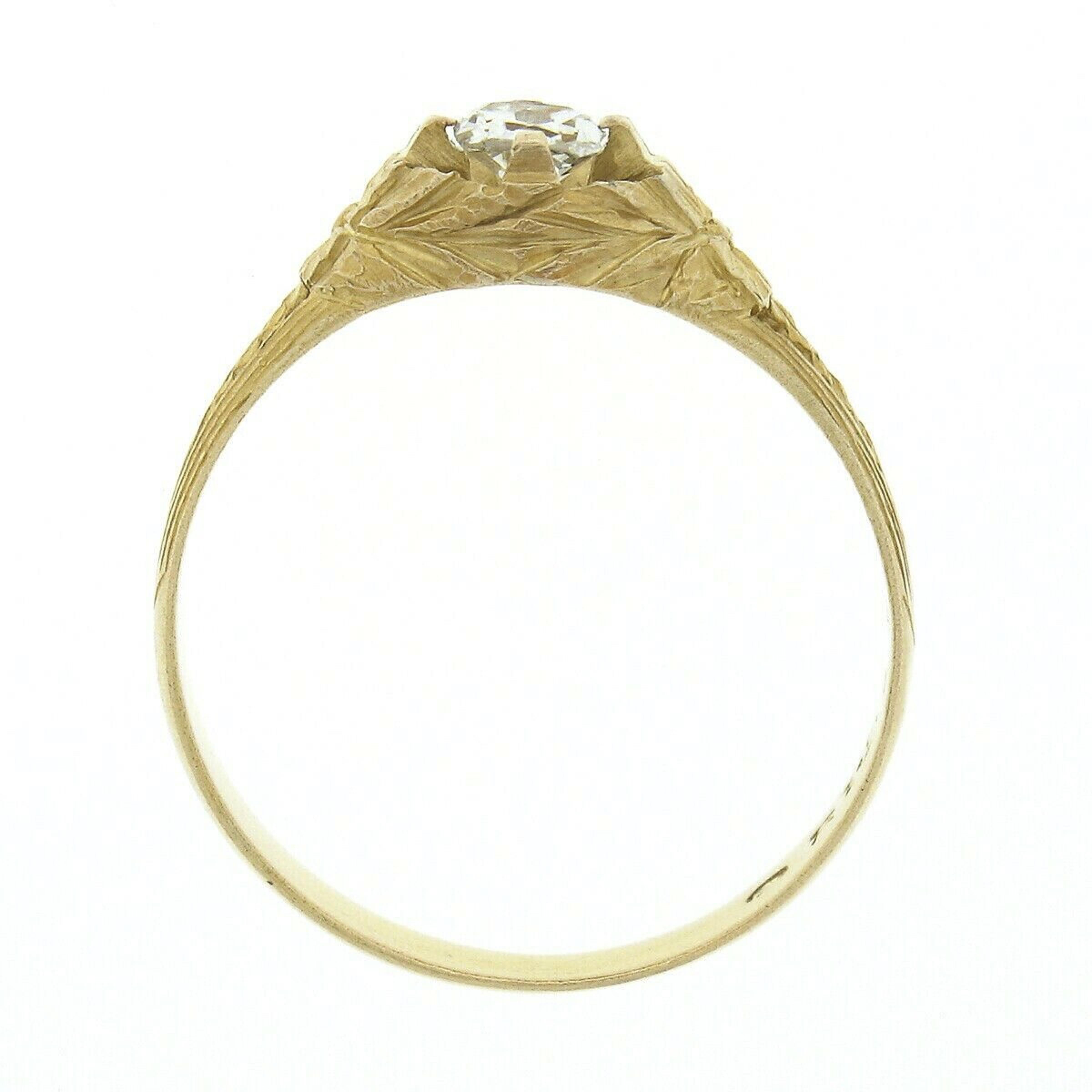 Antique Art Nouveau 14k Gold Old Mine Cut Diamond Hand Engraved Engagement Ring For Sale 1