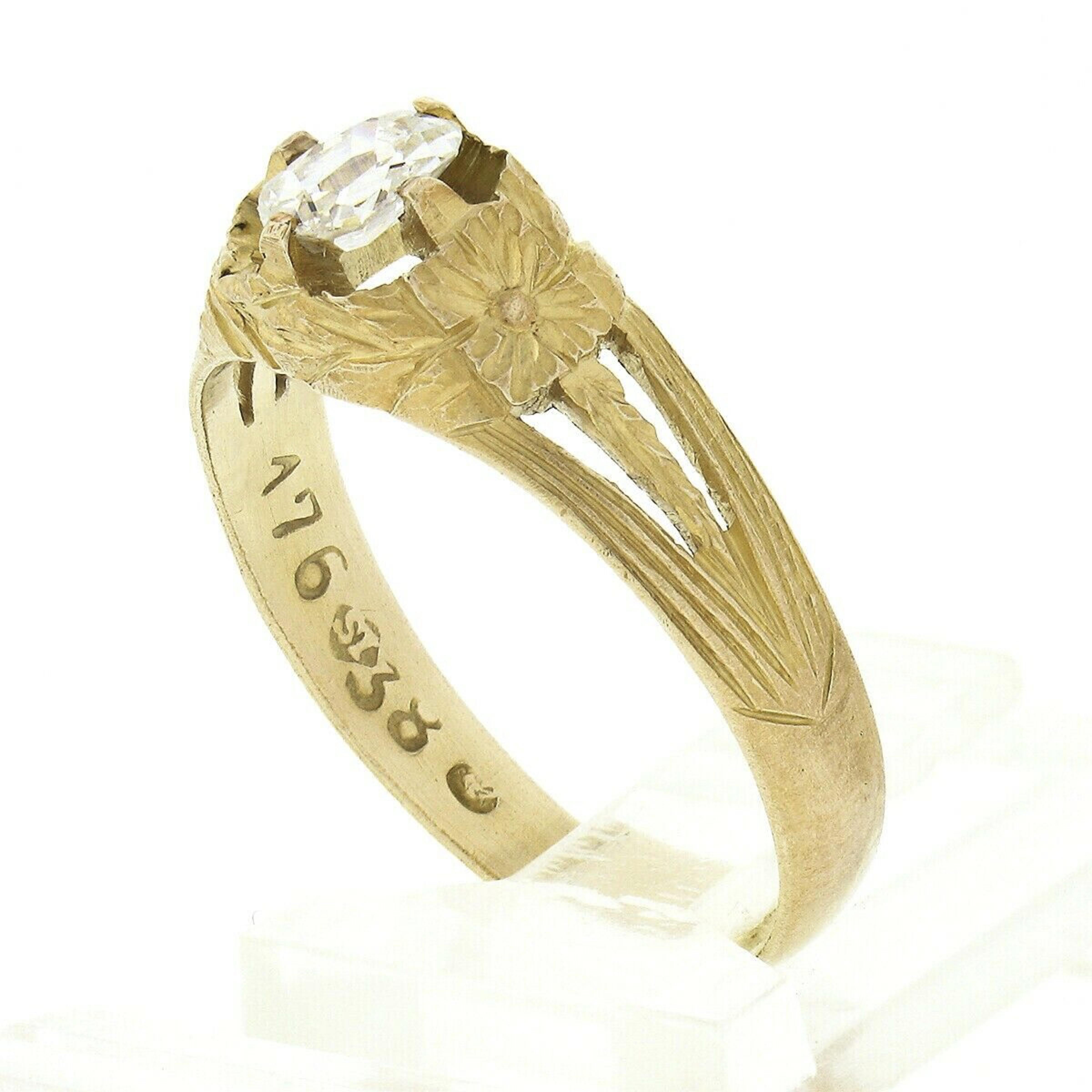 Antique Art Nouveau 14k Gold Old Mine Cut Diamond Hand Engraved Engagement Ring For Sale 2