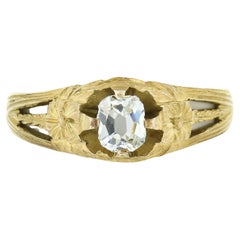 Antique Art Nouveau 14k Gold Old Mine Cut Diamond Hand Engraved Engagement Ring